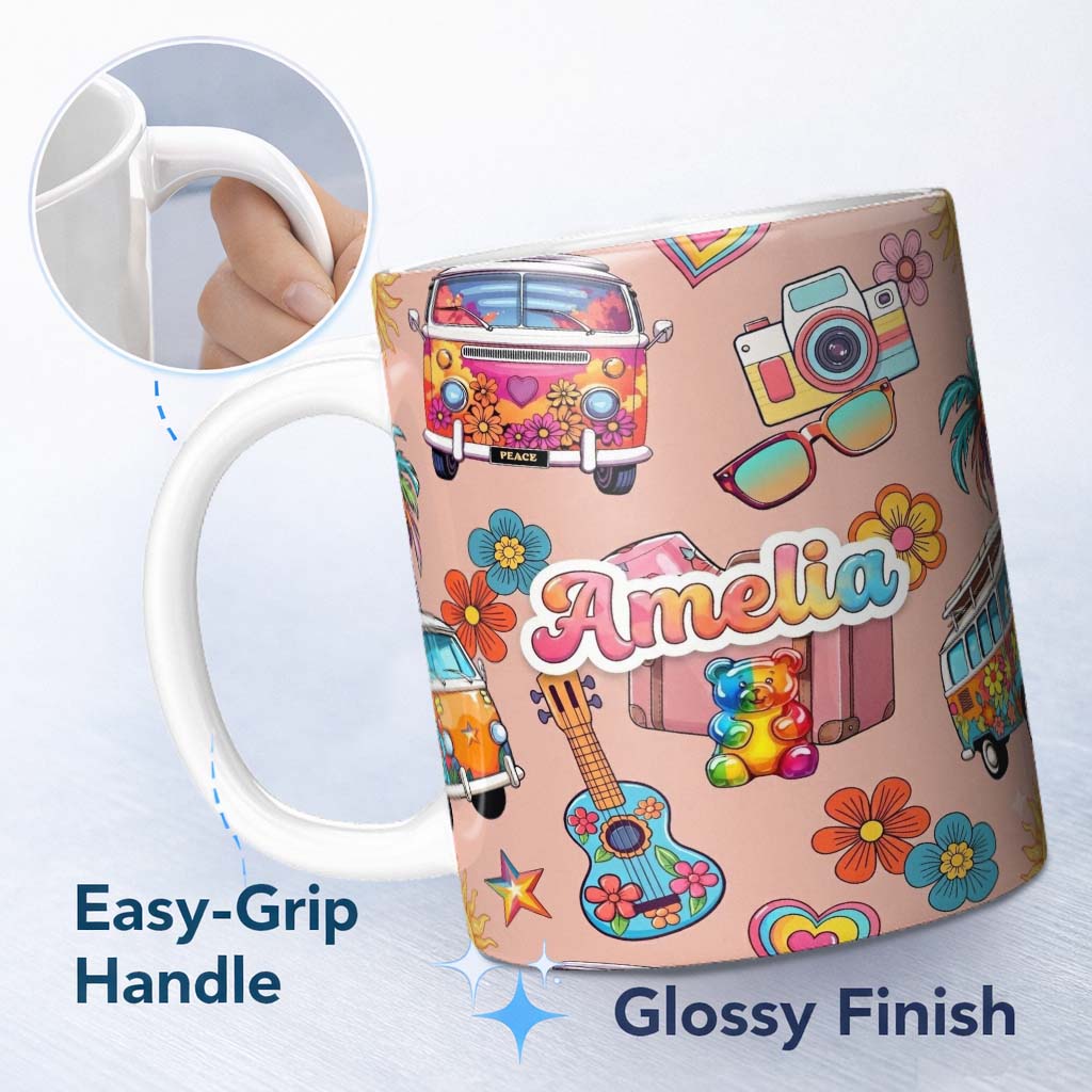 Personalized Custom Name Hippie Vans Camera Guitar Floral Peach Background Seamless Name Cute 11oz Ceramic Coffee Tea Mug White Large Handle
