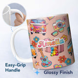 Personalized Custom Name Hippie Vans Camera Guitar Floral Peach Background Seamless Name Cute 11oz Ceramic Coffee Tea Mug White Large Handle