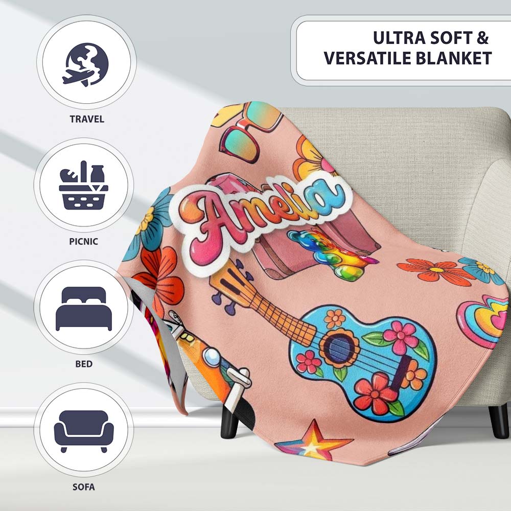 Hippie Vans Camera Guitar Floral Peach Background Seamless Name Cute  Personalised Custom Name Super Soft Fleece Blanket Bed Sofa Throw