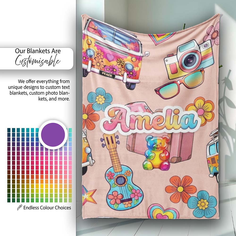 Hippie Vans Camera Guitar Floral Peach Background Seamless Name Cute  Personalised Custom Name Super Soft Fleece Blanket Bed Sofa Throw