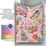 Hippie Vans Camera Guitar Floral Peach Background Seamless Name Cute  Personalised Custom Name Super Soft Fleece Blanket Bed Sofa Throw
