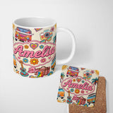 Personalized Custom Name Hippie Van Camera Guitar Floral Travel Beige Background Seamless 11oz Ceramic Coffee Tea Mug White Large Handle