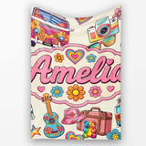 Hippie Van Camera Guitar Floral Travel Beige Background Seamless  Personalised Custom Name Super Soft Fleece Blanket Bed Sofa Throw
