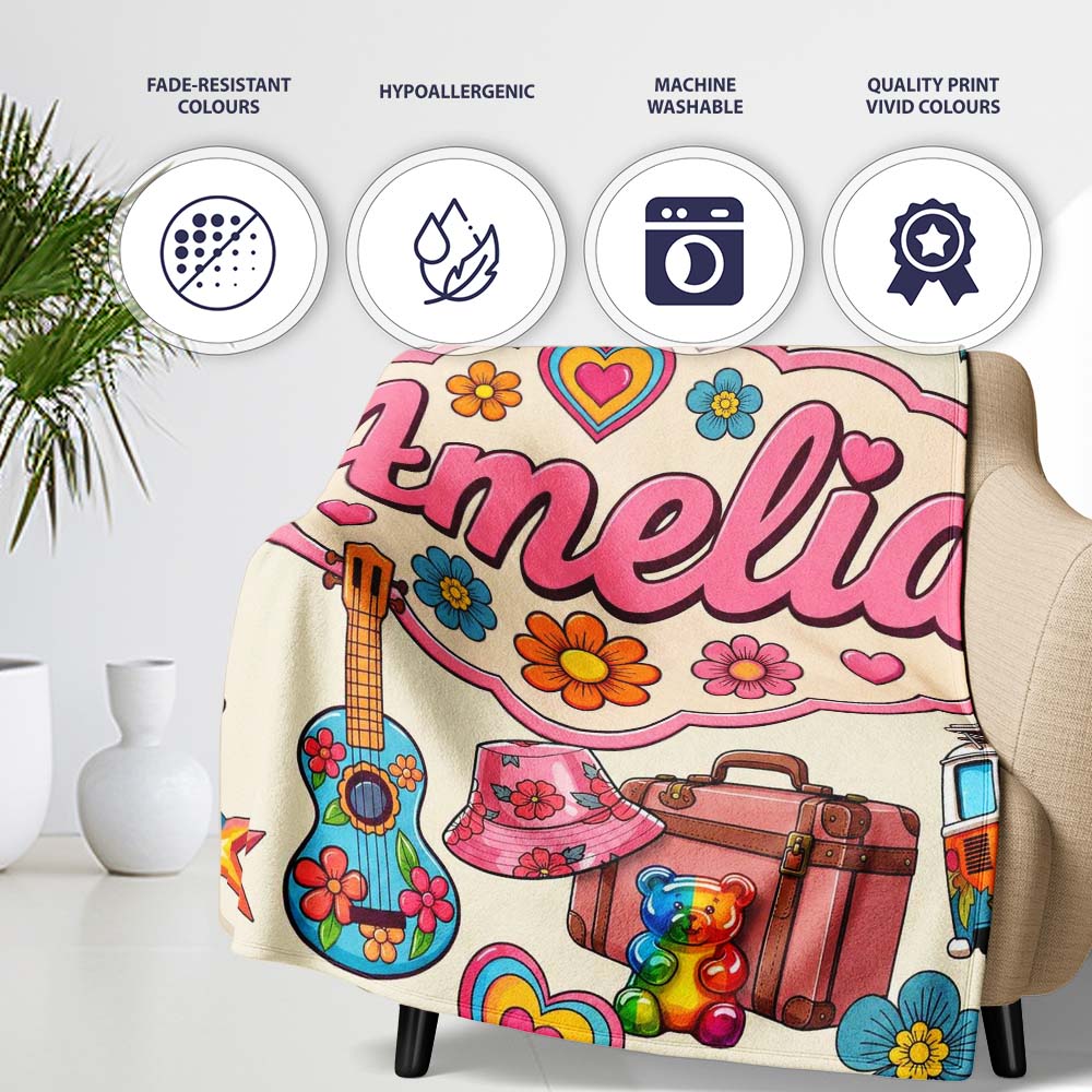 Hippie Van Camera Guitar Floral Travel Beige Background Seamless  Personalised Custom Name Super Soft Fleece Blanket Bed Sofa Throw