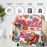 Hippie Van Camera Guitar Floral Travel Beige Background Seamless  Personalised Custom Name Super Soft Fleece Blanket Bed Sofa Throw