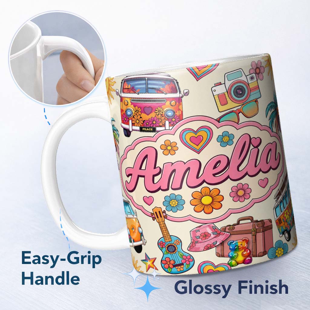 Personalized Custom Name Hippie Van Camera Guitar Floral Travel Beige Background Seamless 11oz Ceramic Coffee Tea Mug White Large Handle