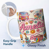Personalized Custom Name Hippie Van Camera Guitar Floral Travel Beige Background Seamless 11oz Ceramic Coffee Tea Mug White Large Handle