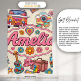 Hippie Van Camera Guitar Floral Travel Beige Background Seamless  Personalised Custom Name Super Soft Fleece Blanket Bed Sofa Throw