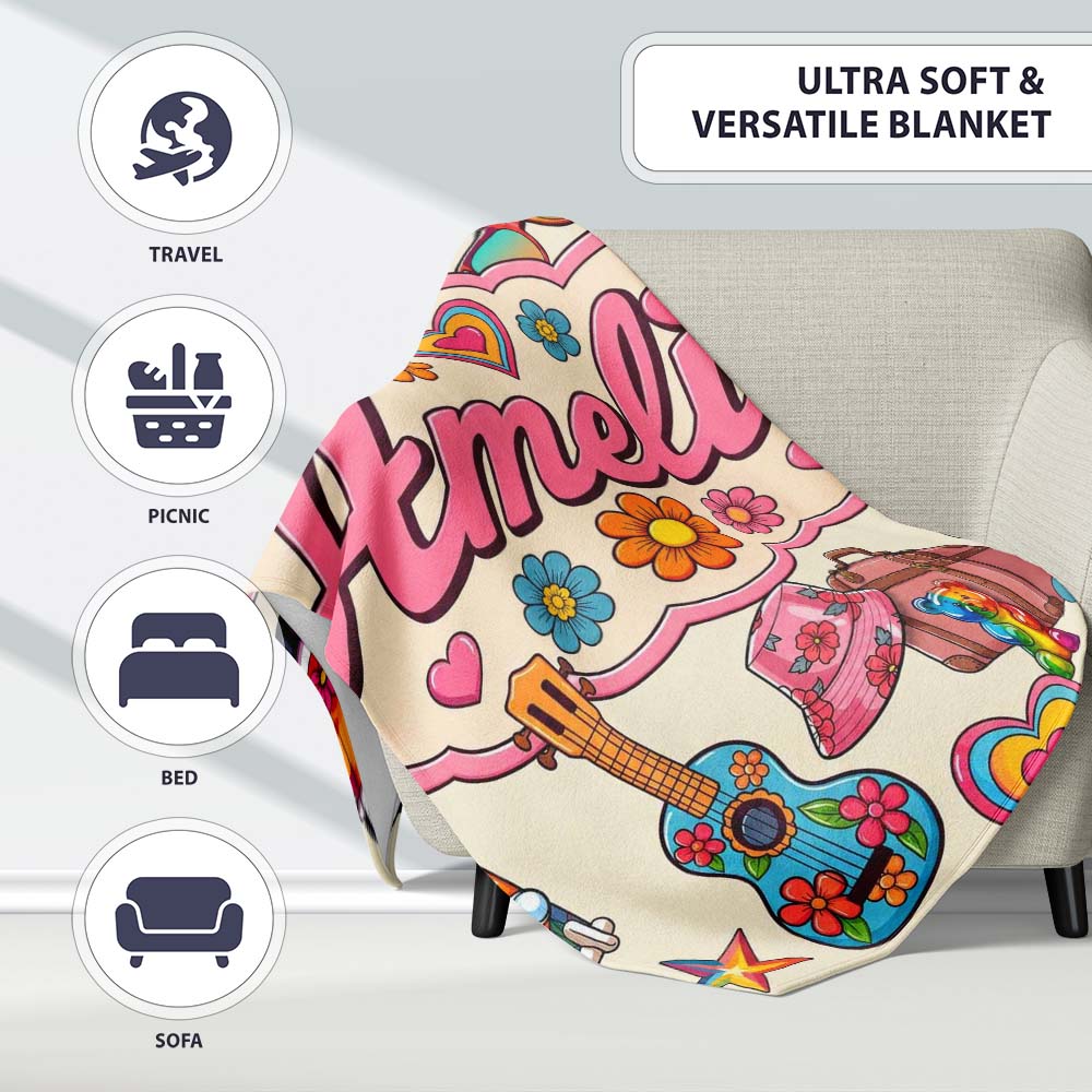 Hippie Van Camera Guitar Floral Travel Beige Background Seamless  Personalised Custom Name Super Soft Fleece Blanket Bed Sofa Throw