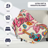 Hippie Van Camera Guitar Floral Travel Beige Background Seamless  Personalised Custom Name Super Soft Fleece Blanket Bed Sofa Throw