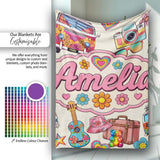 Hippie Van Camera Guitar Floral Travel Beige Background Seamless  Personalised Custom Name Super Soft Fleece Blanket Bed Sofa Throw