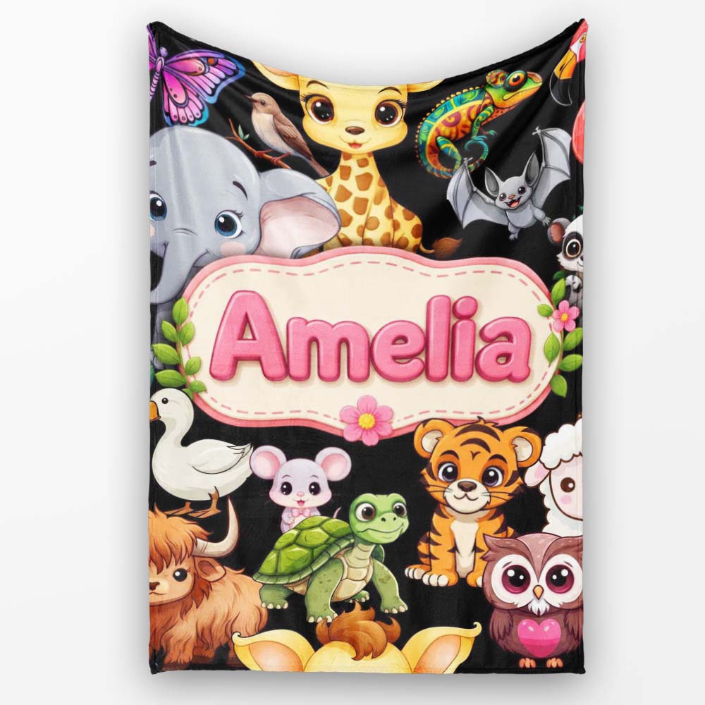 Cute Cartoon Jungle Safari Animals Seamless Pattern on Black Lovely  Personalised Custom Name Super Soft Fleece Blanket Bed Sofa Throw