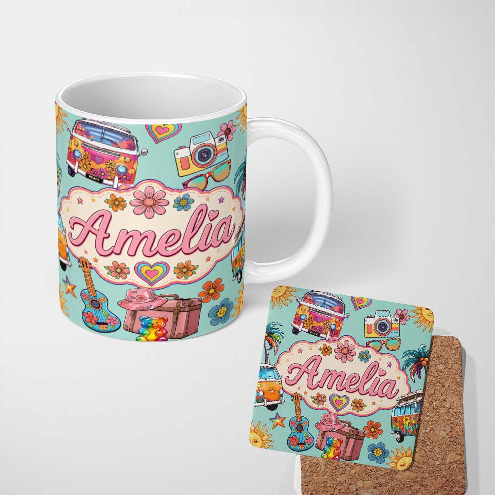 Personalized Custom Name Hippie Van Camera Guitar Floral Travel Mint Background Seamless 11oz Ceramic Coffee Tea Mug White Large Handle