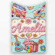 Hippie Van Camera Guitar Floral Travel Mint Background Seamless  Personalised Custom Name Super Soft Fleece Blanket Bed Sofa Throw