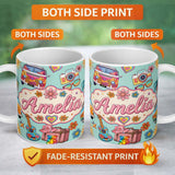 Personalized Custom Name Hippie Van Camera Guitar Floral Travel Mint Background Seamless 11oz Ceramic Coffee Tea Mug White Large Handle