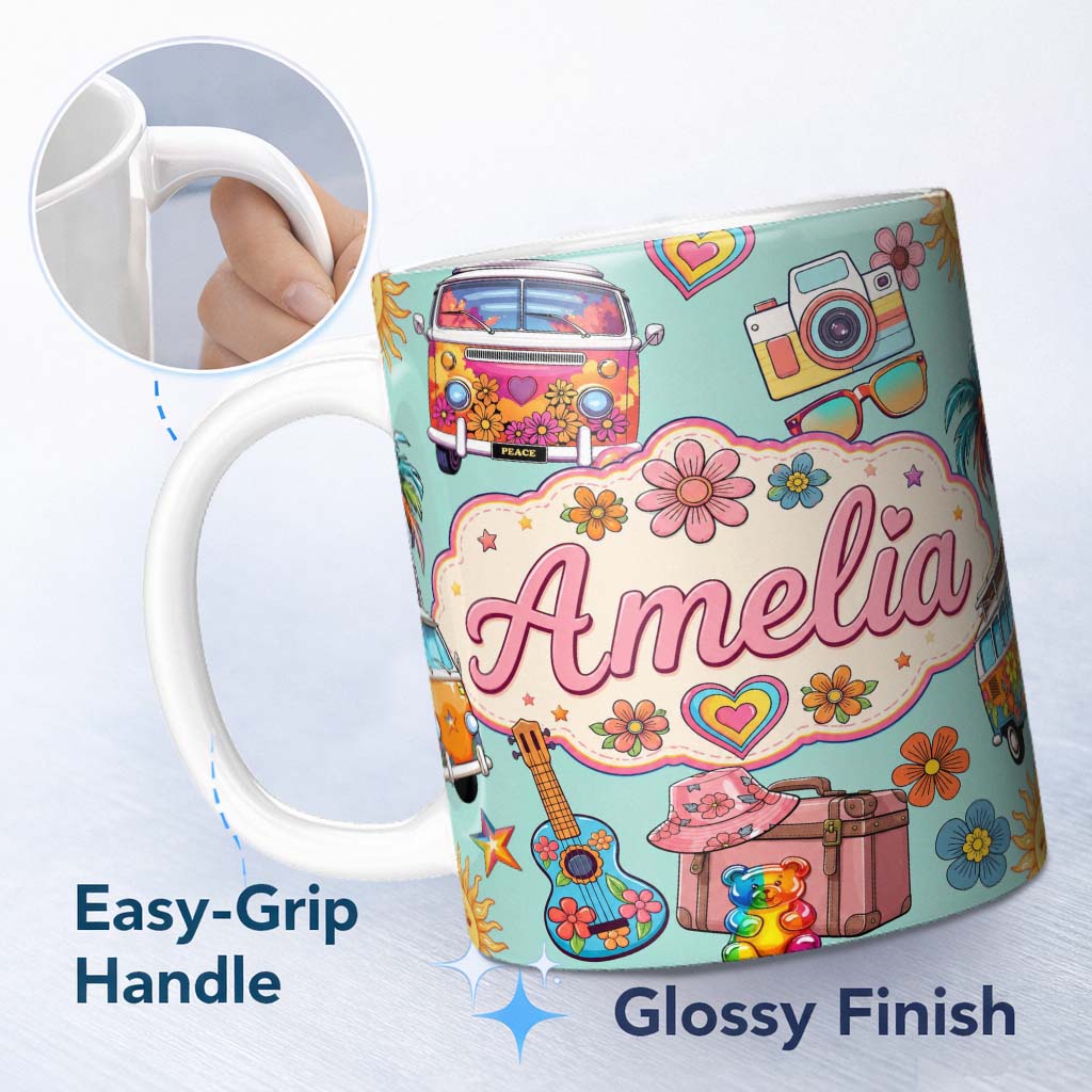 Personalized Custom Name Hippie Van Camera Guitar Floral Travel Mint Background Seamless 11oz Ceramic Coffee Tea Mug White Large Handle