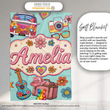Hippie Van Camera Guitar Floral Travel Mint Background Seamless  Personalised Custom Name Super Soft Fleece Blanket Bed Sofa Throw
