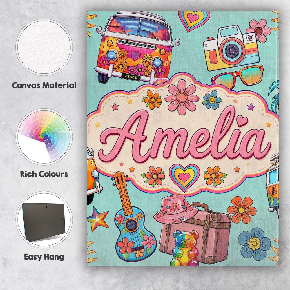 Personalised Name Hippie Van Camera Guitar Custom  Unique Gift Idea Elegant Feature Canvas Wall Art Print Decor Picture Ready to Hang