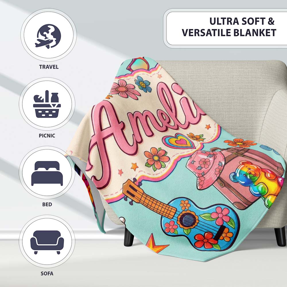 Hippie Van Camera Guitar Floral Travel Mint Background Seamless  Personalised Custom Name Super Soft Fleece Blanket Bed Sofa Throw