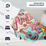 Hippie Van Camera Guitar Floral Travel Mint Background Seamless  Personalised Custom Name Super Soft Fleece Blanket Bed Sofa Throw