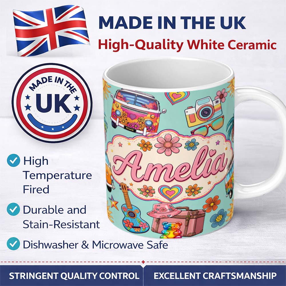 Personalized Custom Name Hippie Van Camera Guitar Floral Travel Mint Background Seamless 11oz Ceramic Coffee Tea Mug White Large Handle