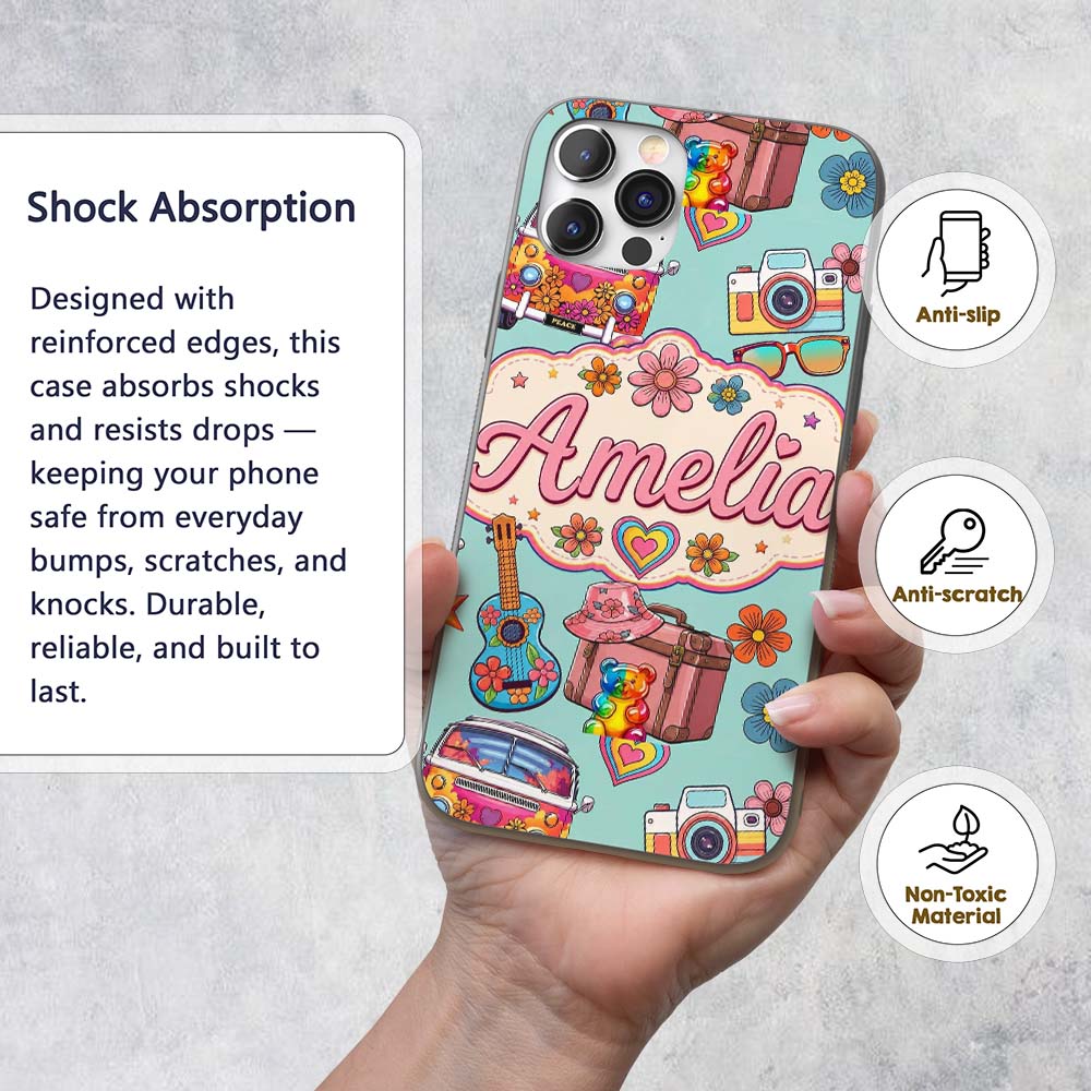 Hippie Van Camera Guitar Floral Printed Design Custom Name Protective Phone Case Mobile Cover Durable Everyday Smartphone Shock Resistant