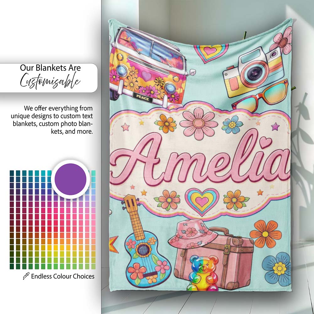Hippie Van Camera Guitar Floral Travel Mint Background Seamless  Personalised Custom Name Super Soft Fleece Blanket Bed Sofa Throw