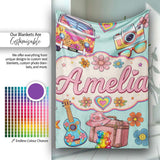 Hippie Van Camera Guitar Floral Travel Mint Background Seamless  Personalised Custom Name Super Soft Fleece Blanket Bed Sofa Throw