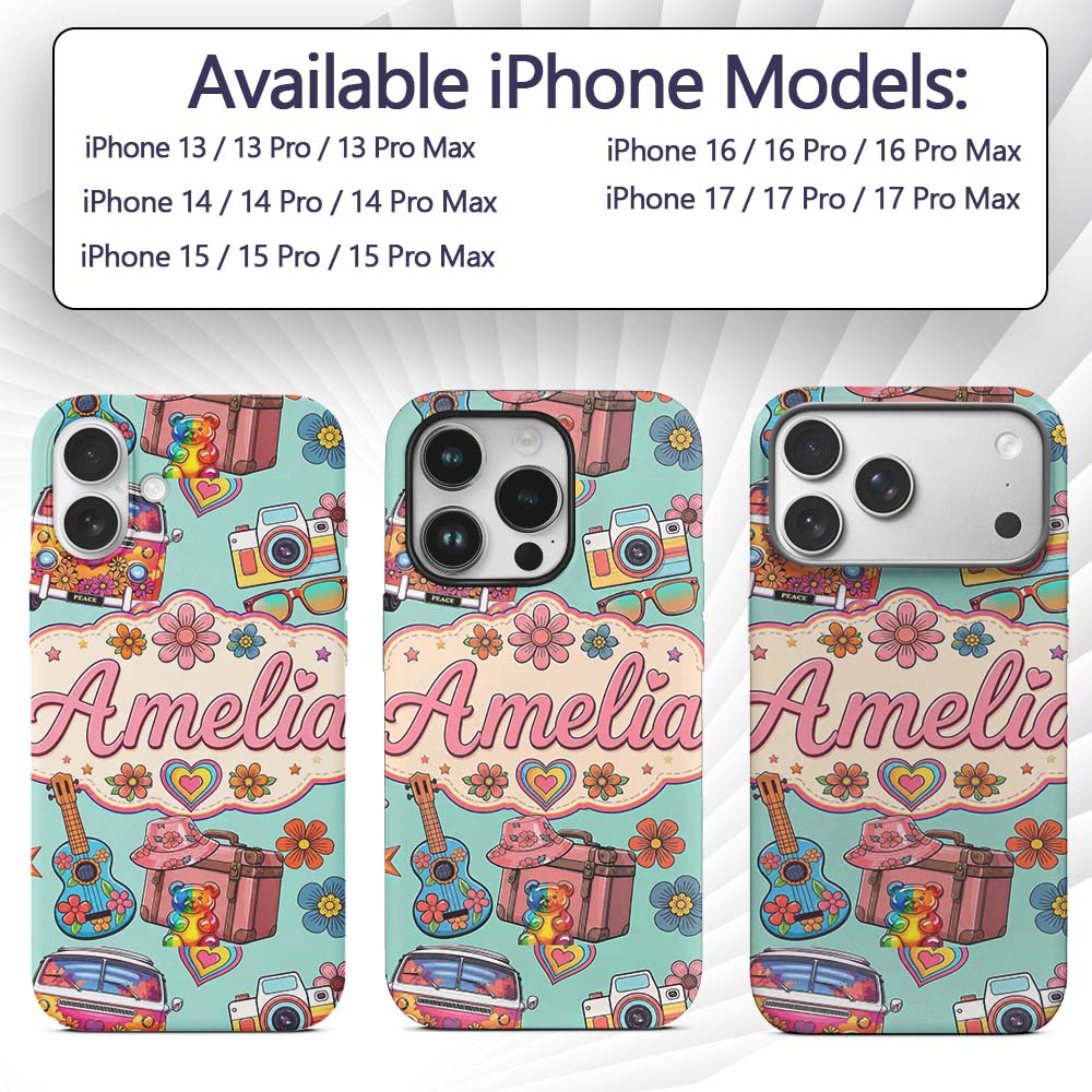 Hippie Van Camera Guitar Floral Printed Design Custom Name Protective Phone Case Mobile Cover Durable Everyday Smartphone Shock Resistant