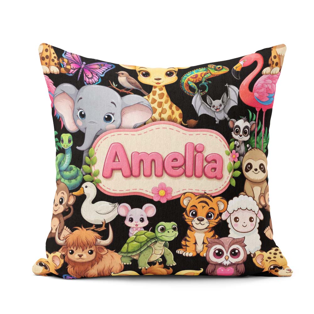 Custom Name Cute Cartoon Jungle Safari Animals Seamless on Black Square Filled Cushion Throw Pillow Sofa Bed Home Decor Zip Washable UK Made