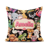 Custom Name Cute Cartoon Jungle Safari Animals Seamless on Black Square Filled Cushion Throw Pillow Sofa Bed Home Decor Zip Washable UK Made