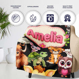 Cute Cartoon Jungle Safari Animals Seamless Pattern on Black Lovely  Personalised Custom Name Super Soft Fleece Blanket Bed Sofa Throw