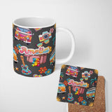 Personalized Custom Name Hippie Van Camera Guitar Floral Travel Black Background Seamless 11oz Ceramic Coffee Tea Mug White Large Handle