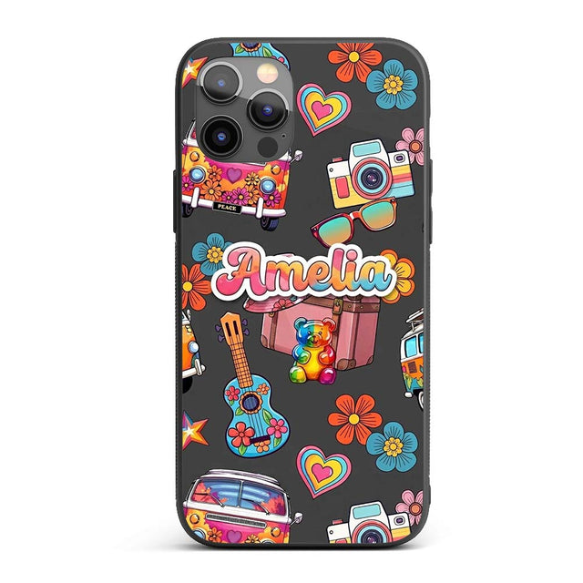 Hippie Van Camera Guitar Floral Travel Black Custom Name Protective Phone Case Mobile Cover Durable Everyday Smartphone Shock Resistant