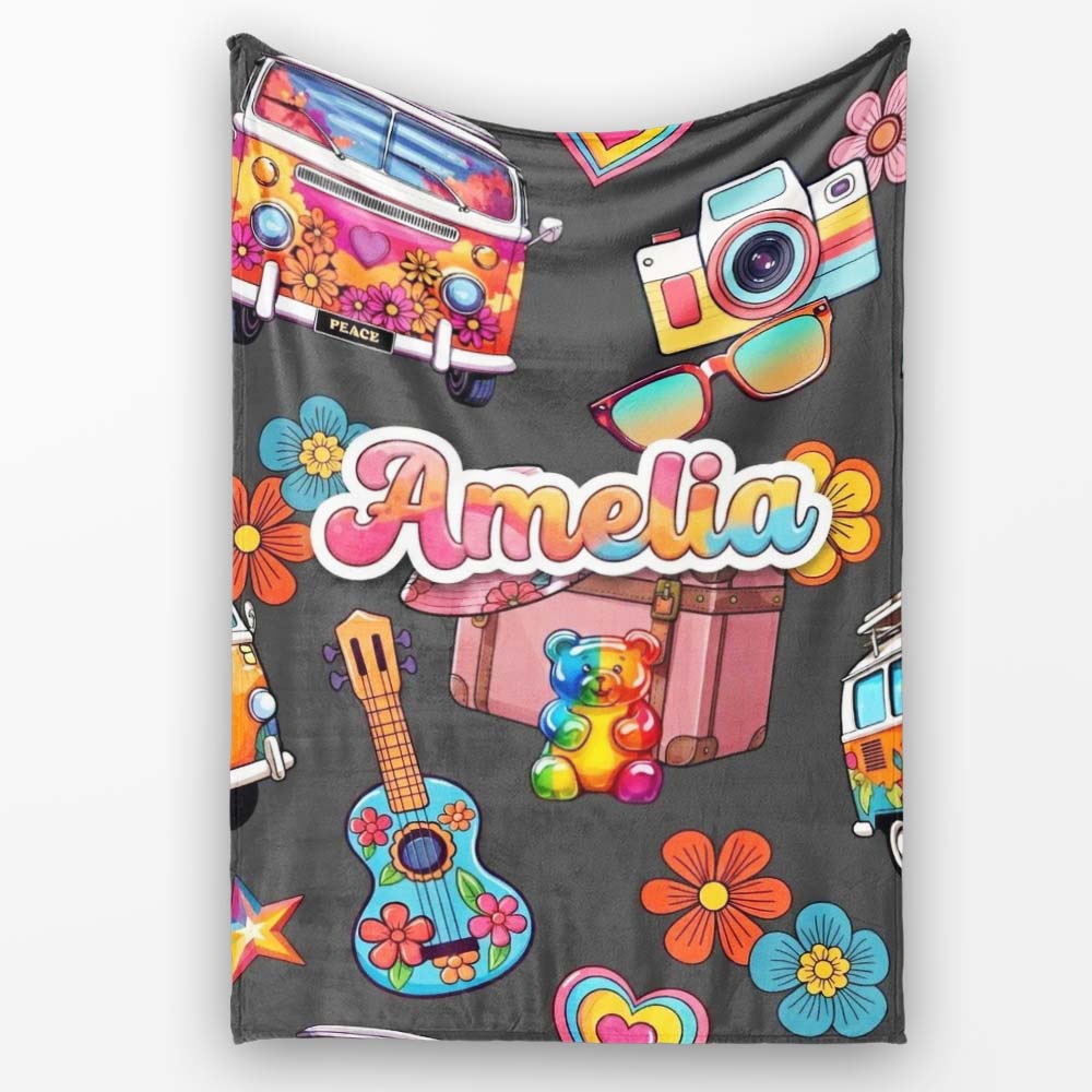 Hippie Van Camera Guitar Floral Travel Black Background Seamless  Personalised Custom Name Super Soft Fleece Blanket Bed Sofa Throw