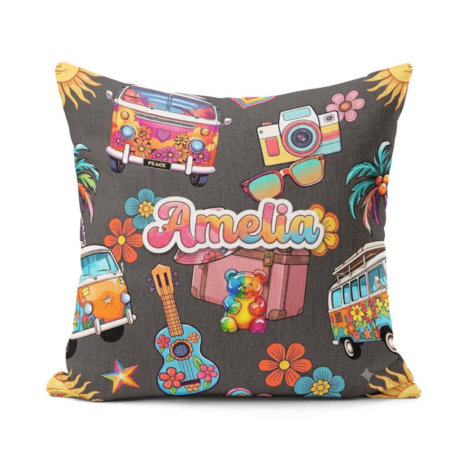Custom Name Hippie Camera Guitar Floral Travel Black Background Square Filled Cushion Throw Pillow Sofa Bed Home Decor Zip Washable UK Made