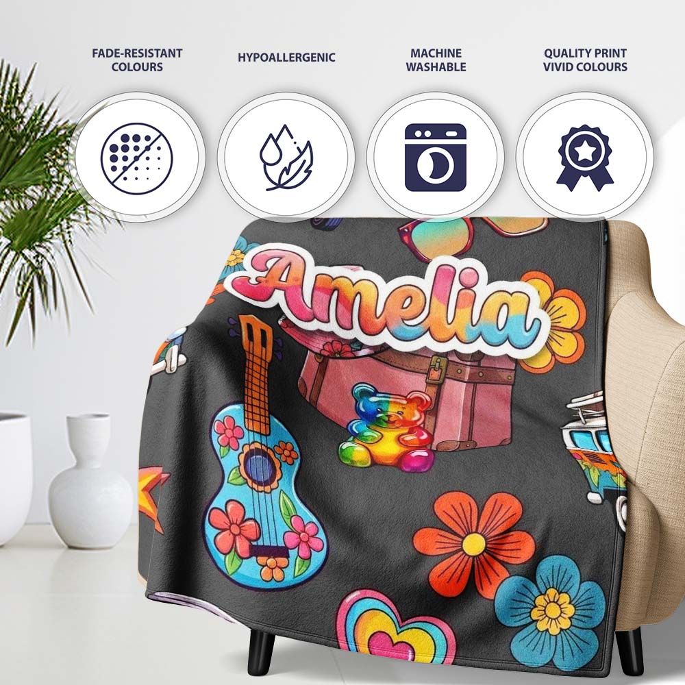 Hippie Van Camera Guitar Floral Travel Black Background Seamless  Personalised Custom Name Super Soft Fleece Blanket Bed Sofa Throw