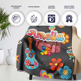 Hippie Van Camera Guitar Floral Travel Black Background Seamless  Personalised Custom Name Super Soft Fleece Blanket Bed Sofa Throw