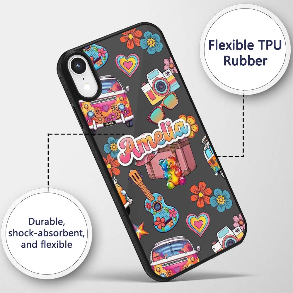 Hippie Van Camera Guitar Floral Travel Black Custom Name Protective Phone Case Mobile Cover Durable Everyday Smartphone Shock Resistant