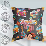Custom Name Hippie Camera Guitar Floral Travel Black Background Square Filled Cushion Throw Pillow Sofa Bed Home Decor Zip Washable UK Made
