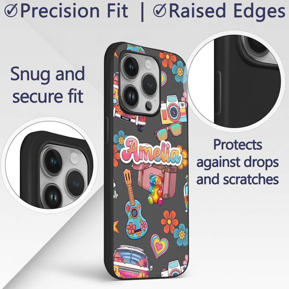Hippie Van Camera Guitar Floral Travel Black Custom Name Protective Phone Case Mobile Cover Durable Everyday Smartphone Shock Resistant