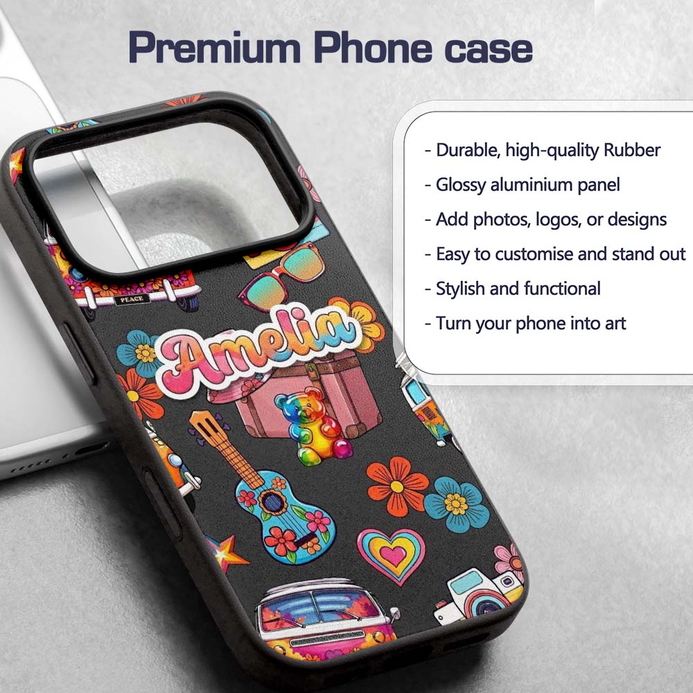 Hippie Van Camera Guitar Floral Travel Black Custom Name Protective Phone Case Mobile Cover Durable Everyday Smartphone Shock Resistant