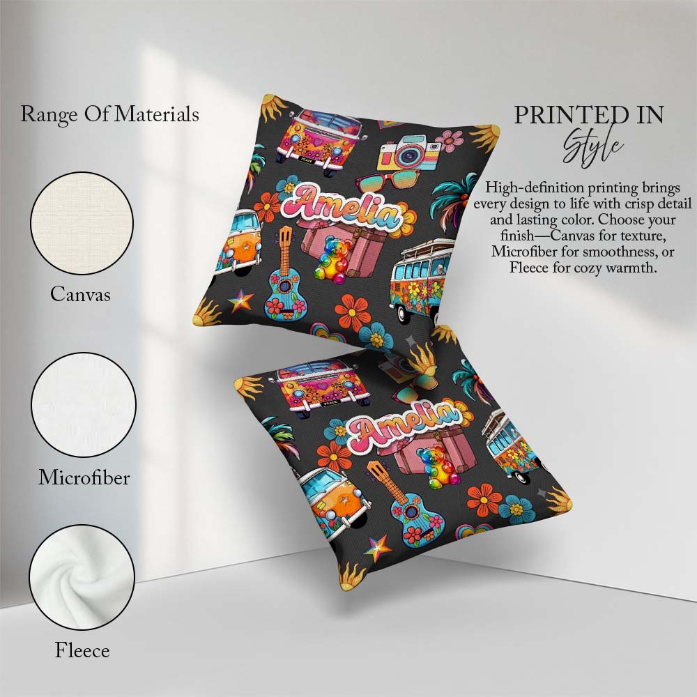 Custom Name Hippie Camera Guitar Floral Travel Black Background Square Filled Cushion Throw Pillow Sofa Bed Home Decor Zip Washable UK Made