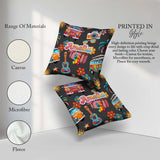 Custom Name Hippie Camera Guitar Floral Travel Black Background Square Filled Cushion Throw Pillow Sofa Bed Home Decor Zip Washable UK Made