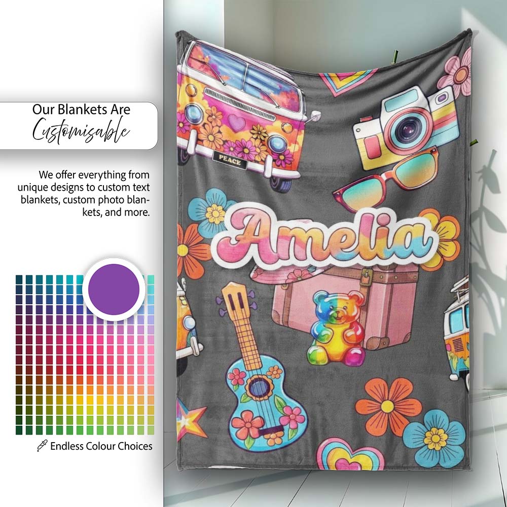 Hippie Van Camera Guitar Floral Travel Black Background Seamless  Personalised Custom Name Super Soft Fleece Blanket Bed Sofa Throw