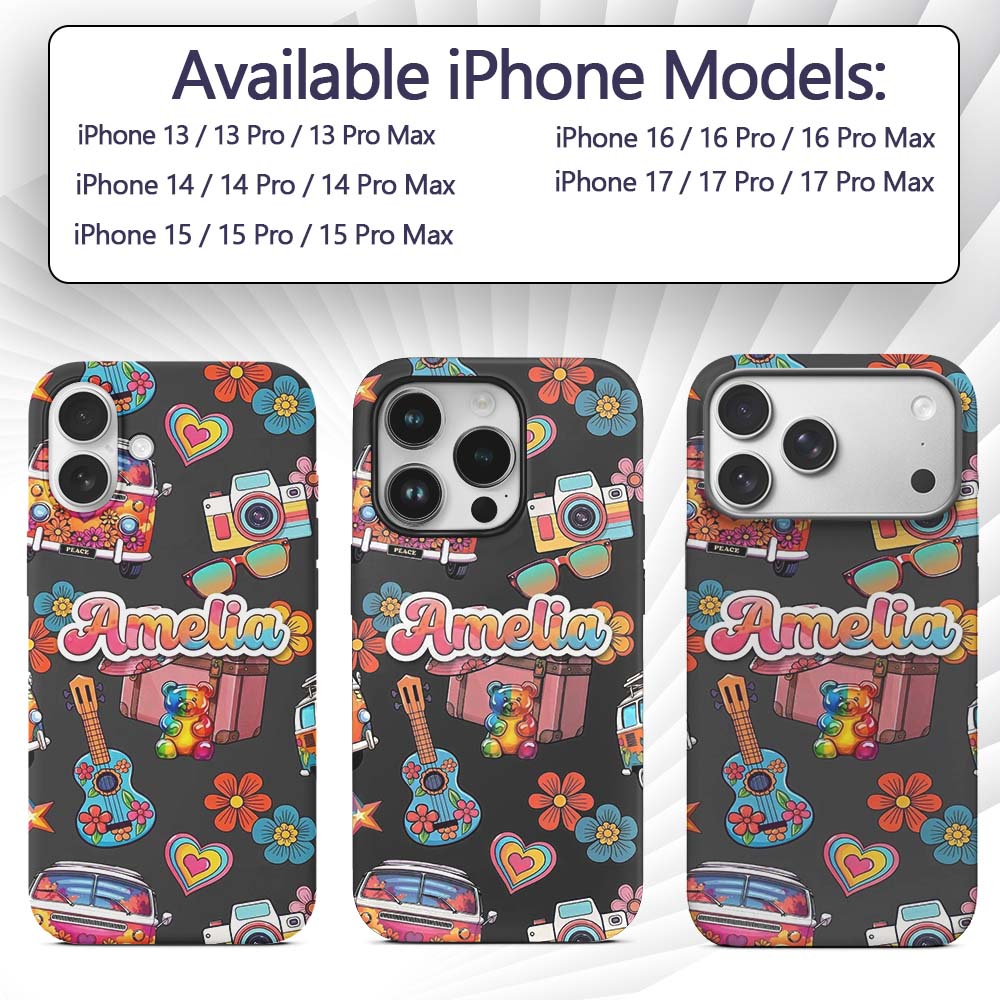 Hippie Van Camera Guitar Floral Travel Black Custom Name Protective Phone Case Mobile Cover Durable Everyday Smartphone Shock Resistant