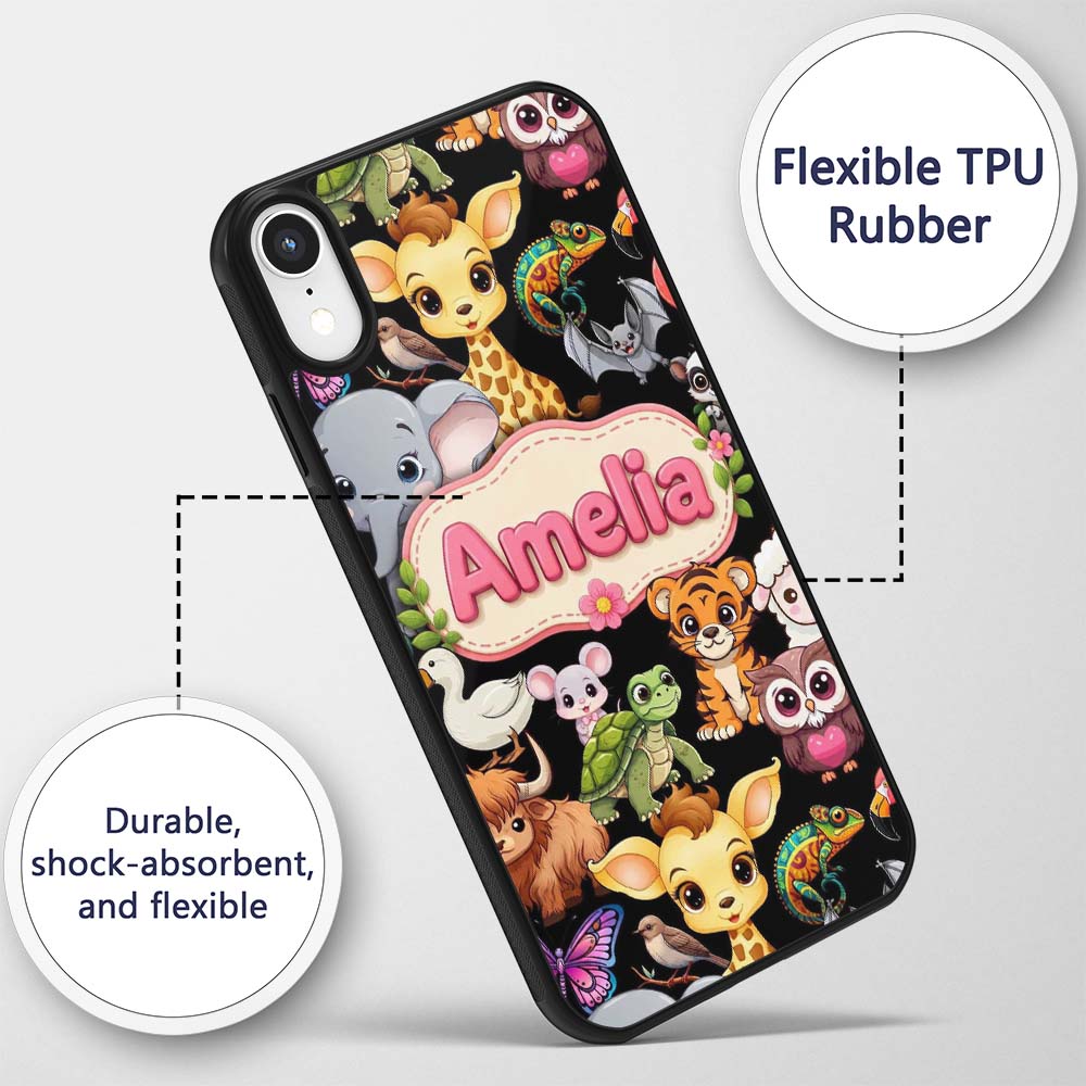 Cute Cartoon Jungle Safari Animals Printed Design Custom Name Protective Phone Case Mobile Cover Durable Everyday Smartphone Shock Resistant
