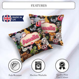 Custom Name Cute Cartoon Jungle Safari Animals Seamless on Black Square Filled Cushion Throw Pillow Sofa Bed Home Decor Zip Washable UK Made