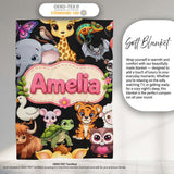 Cute Cartoon Jungle Safari Animals Seamless Pattern on Black Lovely  Personalised Custom Name Super Soft Fleece Blanket Bed Sofa Throw