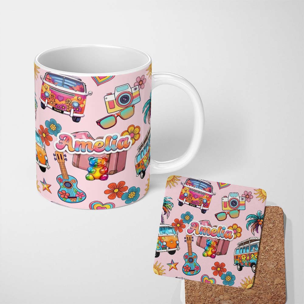 Personalized Custom Name Hippie Van Camera Guitar Floral Travel Light Pink Background 11oz Ceramic Coffee Tea Mug White Large Handle